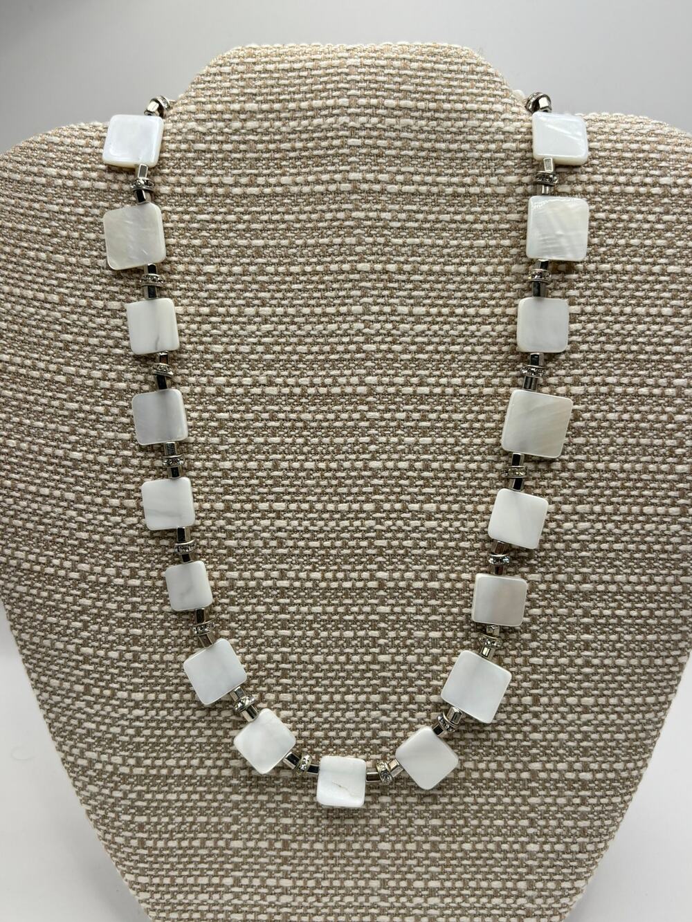 Lori Frantz-Koenig White MOP Look Bead & Rhinestone Necklace 16" #76908